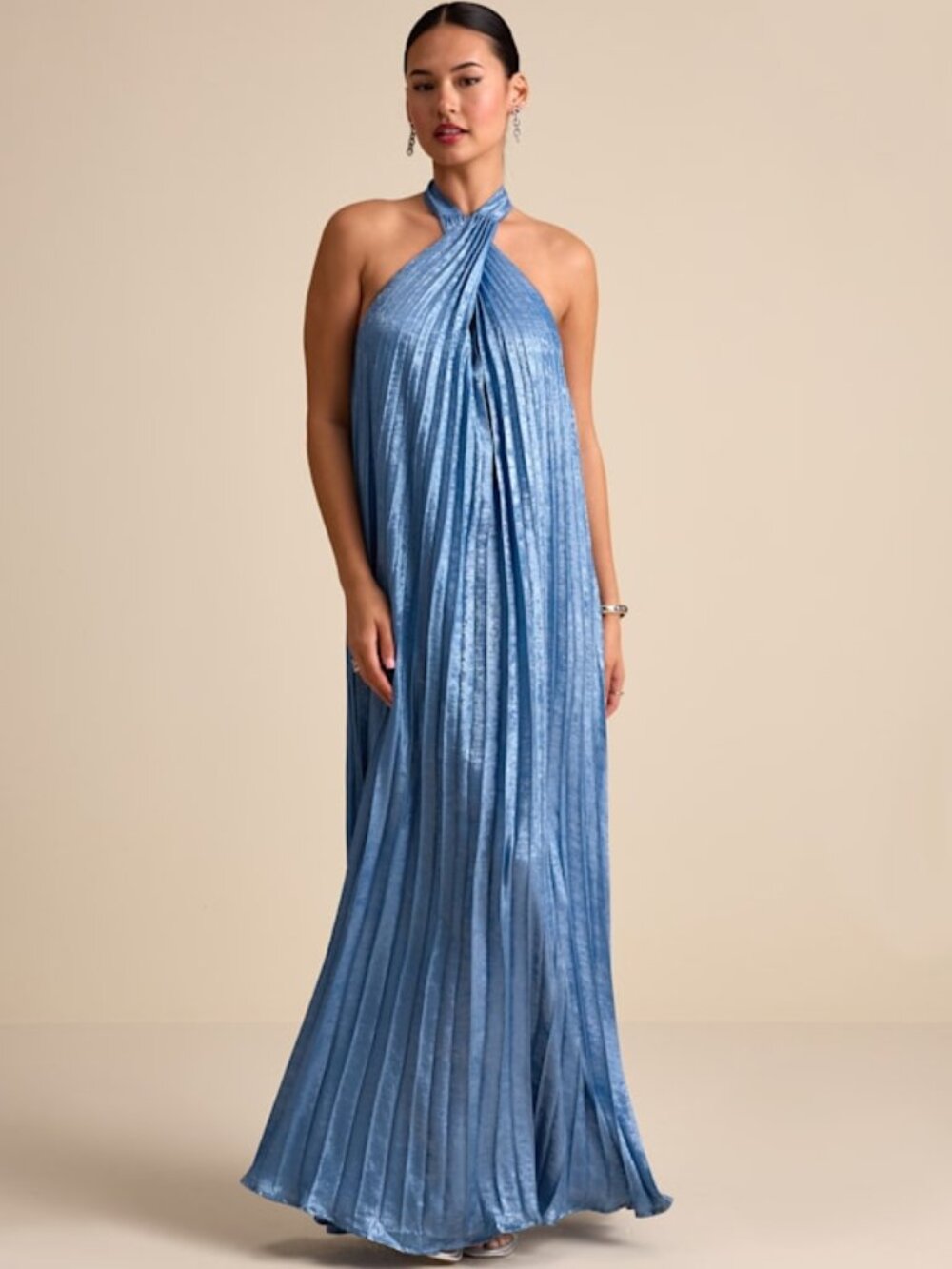 Lulus Gelsey Dusty Blue Pleated Halter Shift Maxi Dress - Size S